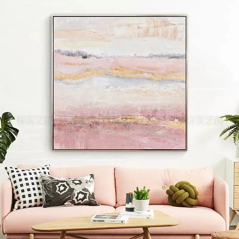 Modern Abstract Oil Painting on Canvas, Pink Flower Wall Art, Hand Painted, No Frame, Gold Foil Texture, Living Room, Home Decor